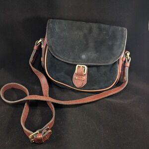 Y2K 90s Liz Claiborne Leather Co.‎ Suede Crossbody Bag Black Brown Buckle Strapo